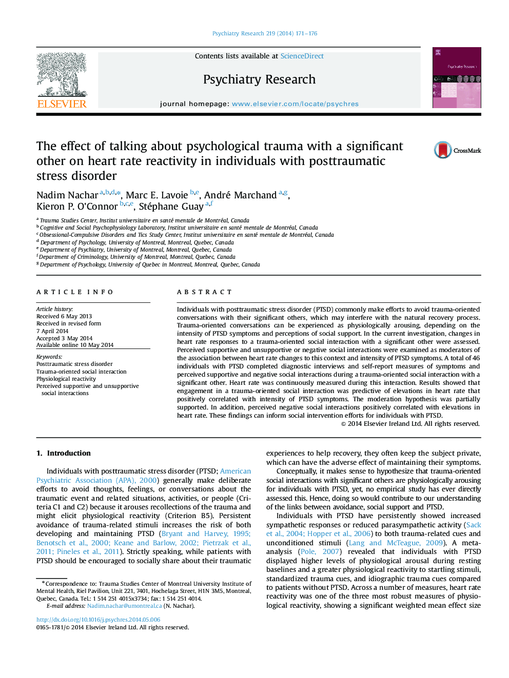 The effect of talking about psychological trauma with a significant other on heart rate reactivity in individuals with posttraumatic stress disorder