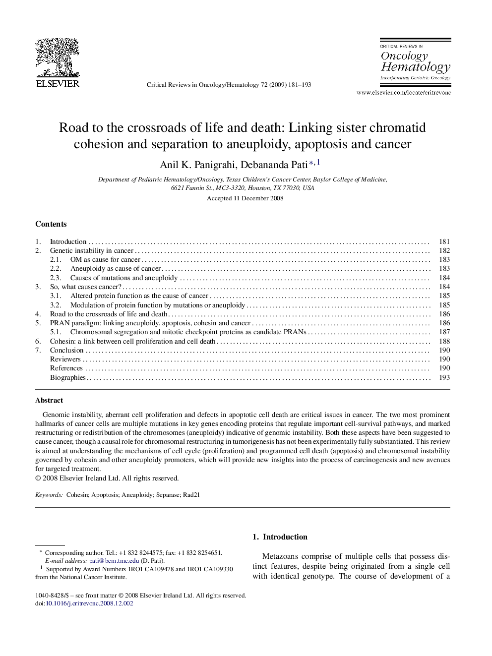 Road to the crossroads of life and death: Linking sister chromatid cohesion and separation to aneuploidy, apoptosis and cancer