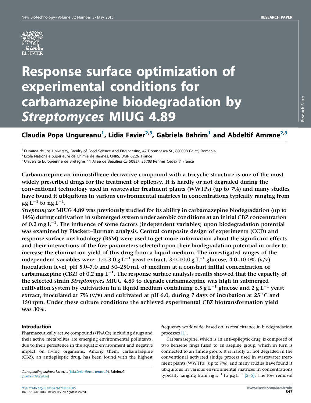 عکس صفحه اول مقاله: Response surface optimization of experimental conditions for carbamazepine biodegradation by Streptomyces MIUG 4.89 Response surface optimization of experimental conditions for carbamazepine biodegradation by Streptomyces MIUG 4.89