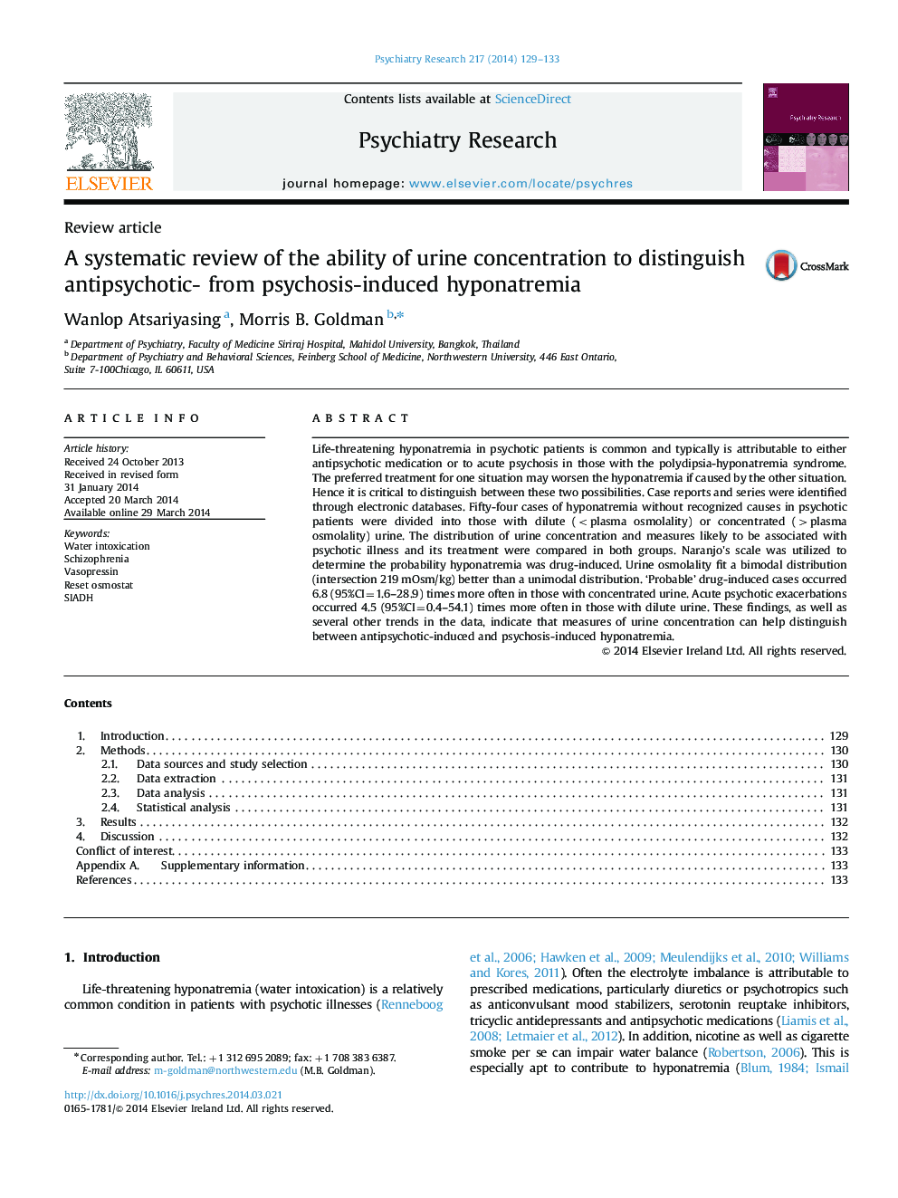 A systematic review of the ability of urine concentration to distinguish antipsychotic- from psychosis-induced hyponatremia