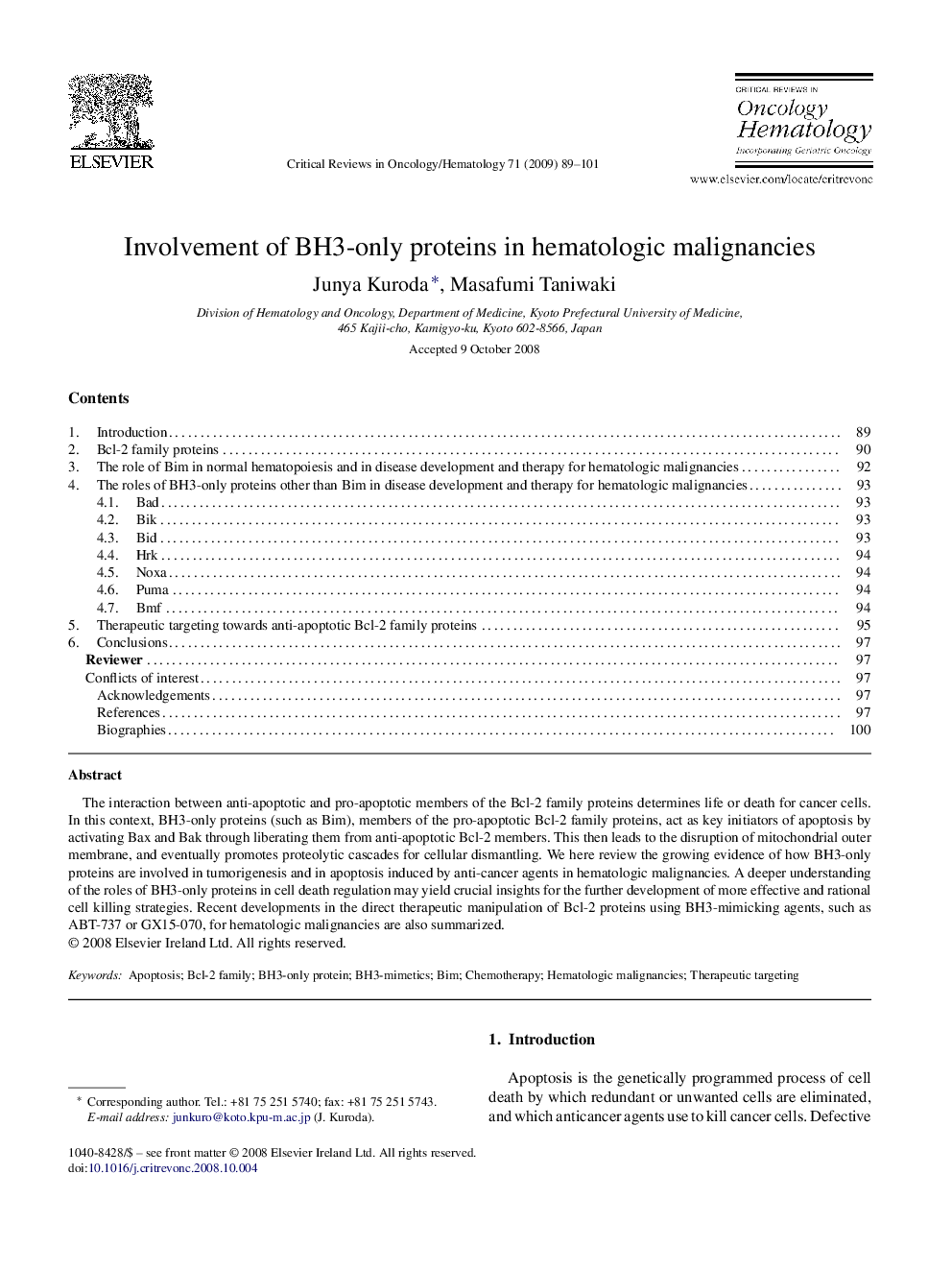 Involvement of BH3-only proteins in hematologic malignancies