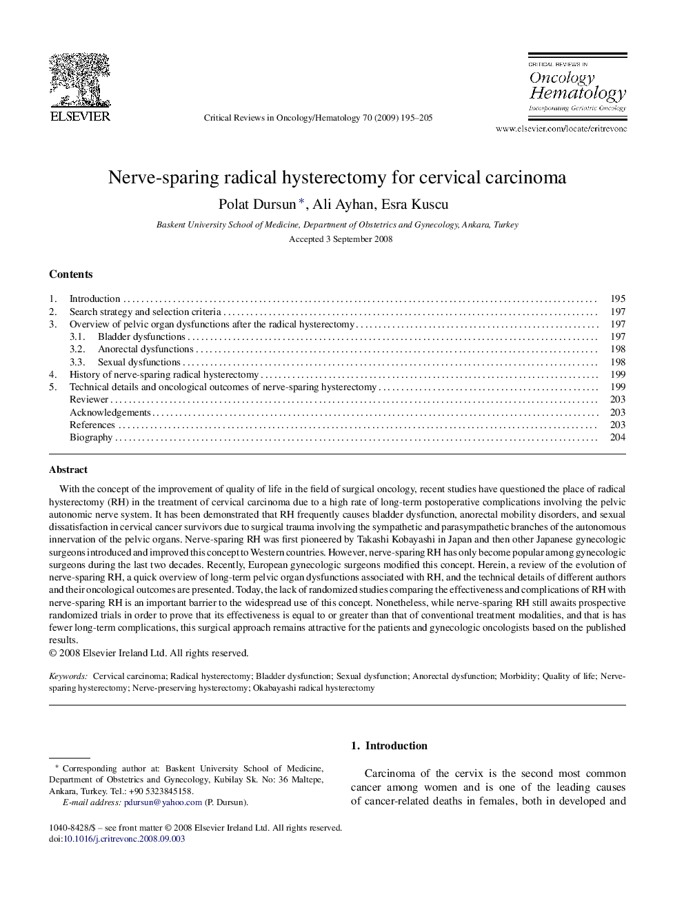 Nerve-sparing radical hysterectomy for cervical carcinoma