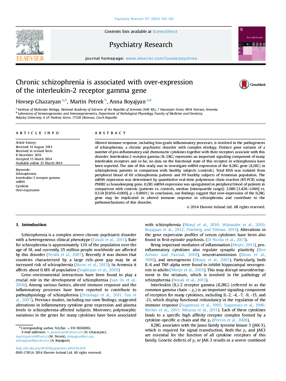 Chronic schizophrenia is associated with over-expression of the interleukin-2 receptor gamma gene