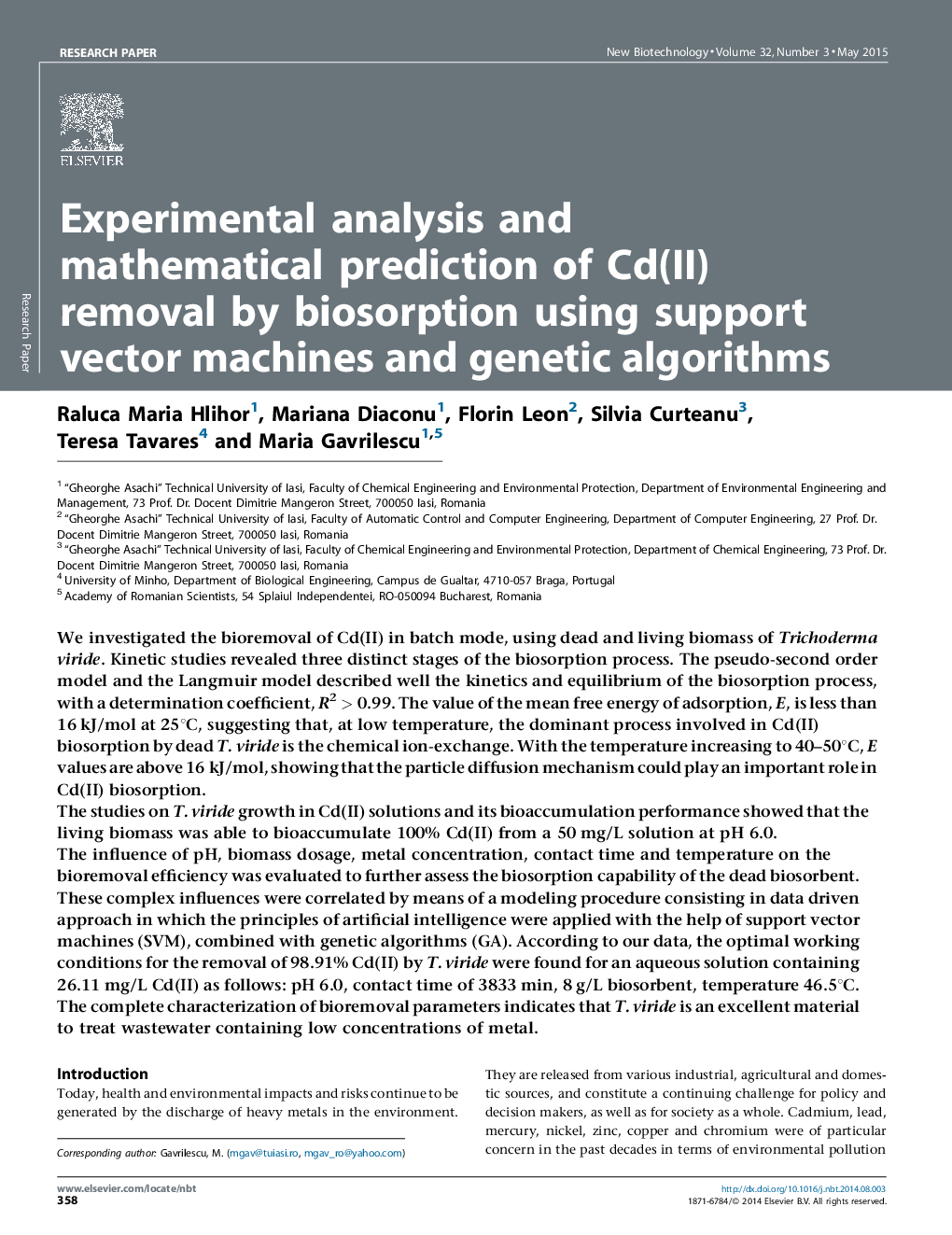 عکس صفحه اول مقاله: Experimental analysis and mathematical prediction of Cd(II) removal by biosorption using support vector machines and genetic algorithms Experimental analysis and mathematical prediction of Cd(II) removal by biosorption using support vector machines and genetic algorithms