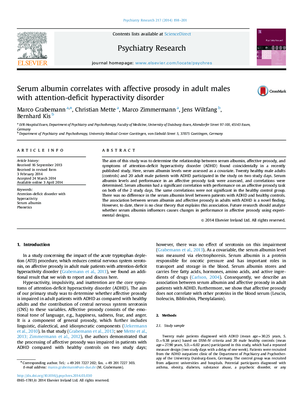 Serum albumin correlates with affective prosody in adult males with attention-deficit hyperactivity disorder