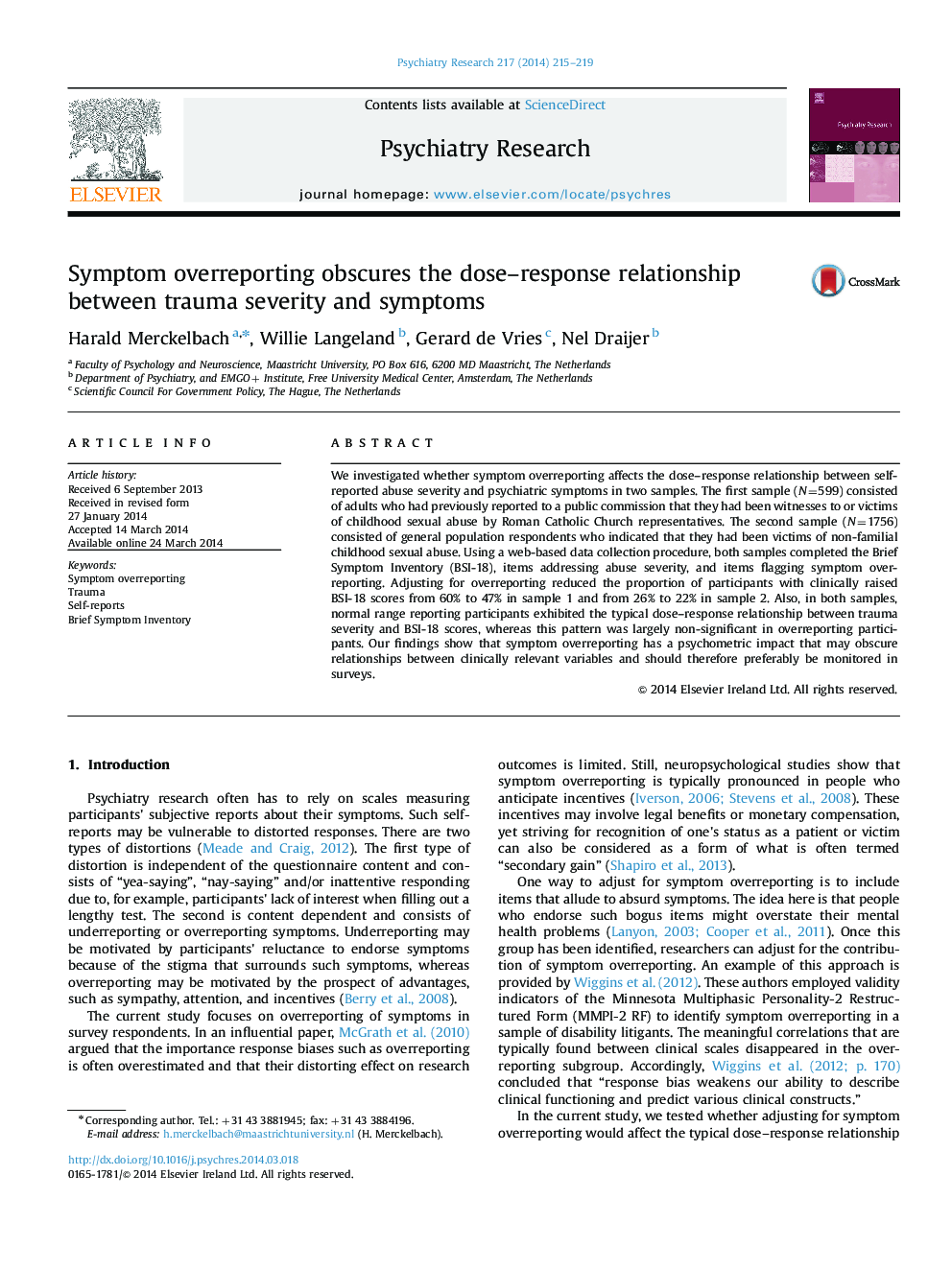 Symptom overreporting obscures the dose–response relationship between trauma severity and symptoms