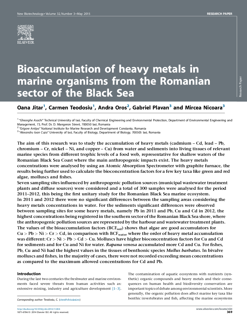 Bioaccumulation of heavy metals in marine organisms from the Romanian sector of the Black Sea