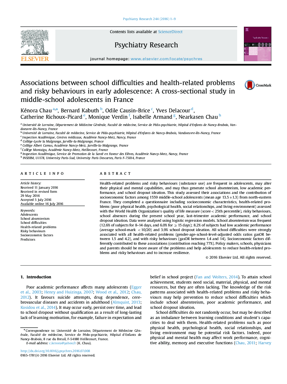 Associations between school difficulties and health-related problems and risky behaviours in early adolescence: A cross-sectional study in middle-school adolescents in France