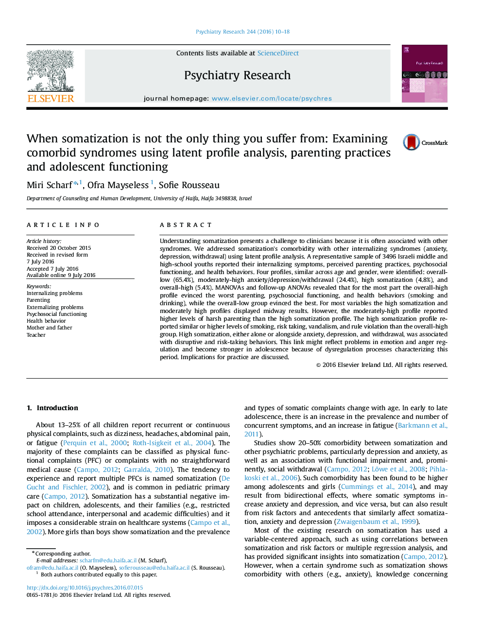 When somatization is not the only thing you suffer from: Examining comorbid syndromes using latent profile analysis, parenting practices and adolescent functioning