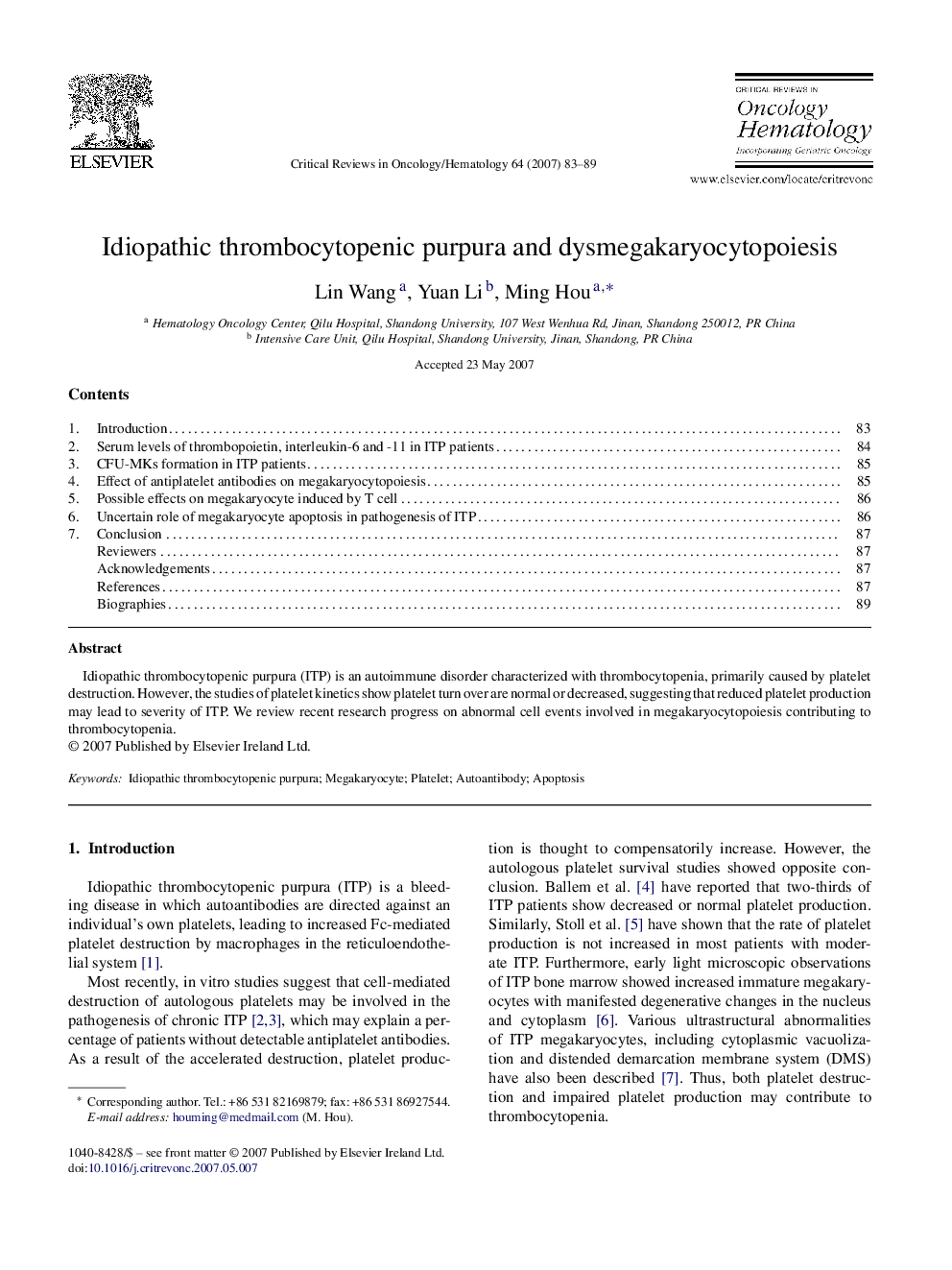 Idiopathic thrombocytopenic purpura and dysmegakaryocytopoiesis