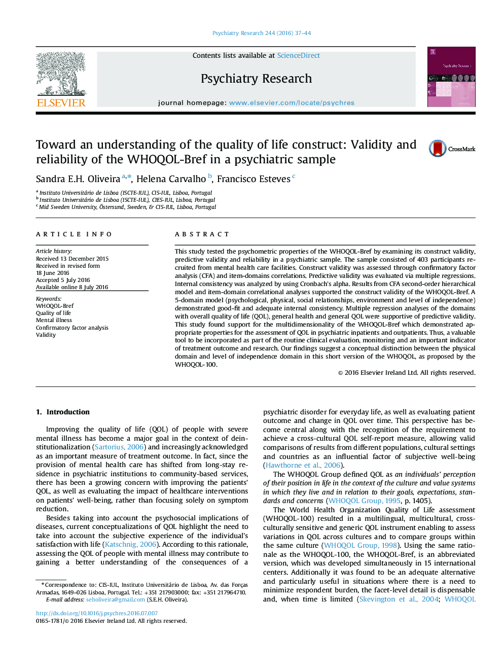 Toward an understanding of the quality of life construct: Validity and reliability of the WHOQOL-Bref in a psychiatric sample