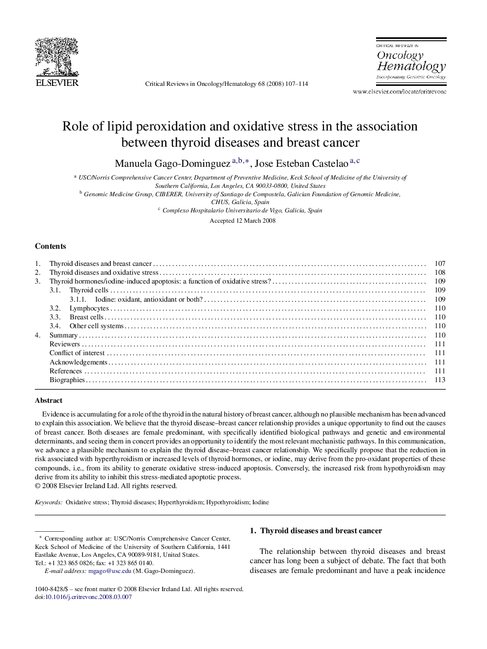 Role of lipid peroxidation and oxidative stress in the association between thyroid diseases and breast cancer