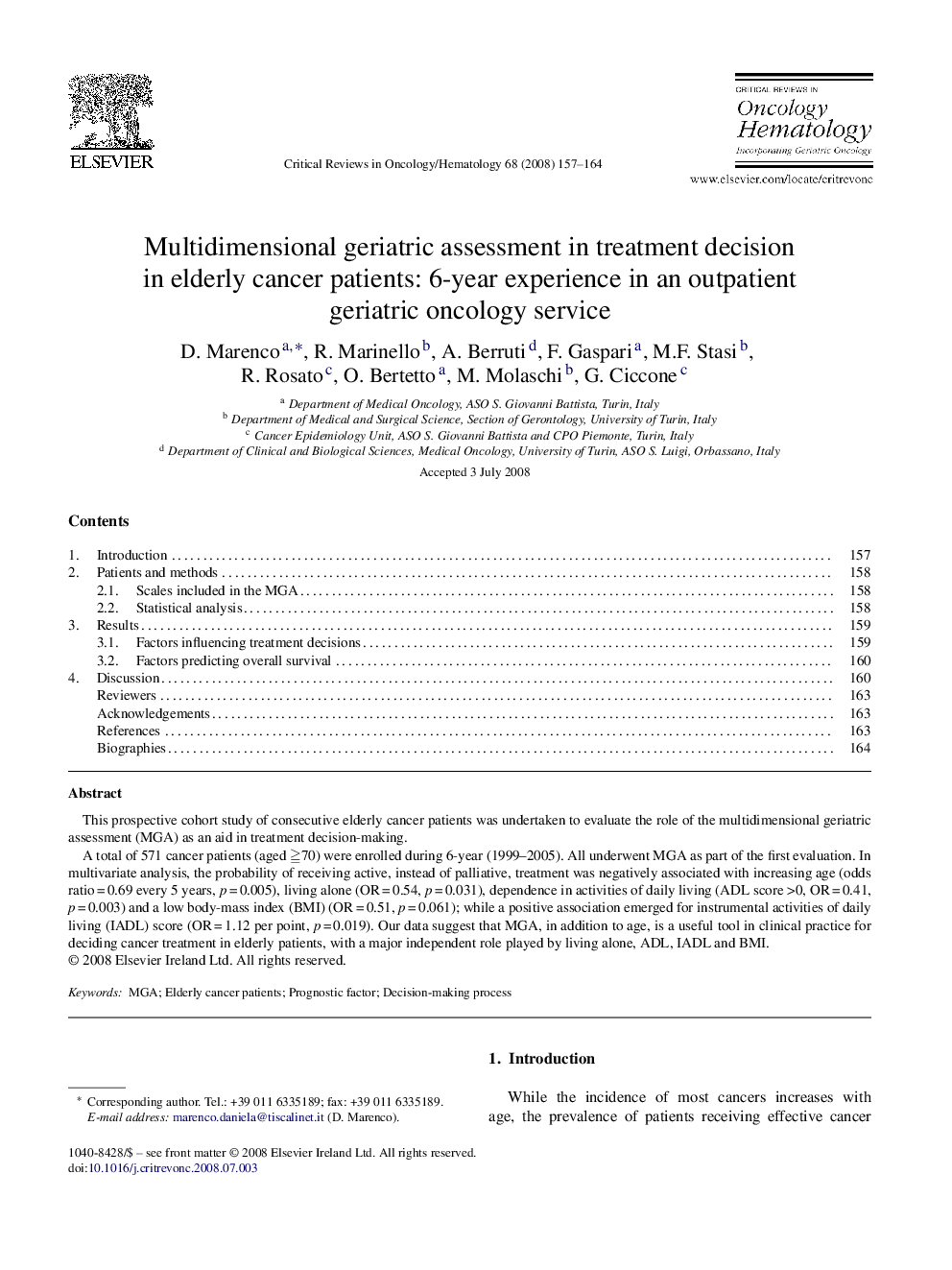 Multidimensional geriatric assessment in treatment decision in elderly cancer patients: 6-year experience in an outpatient geriatric oncology service