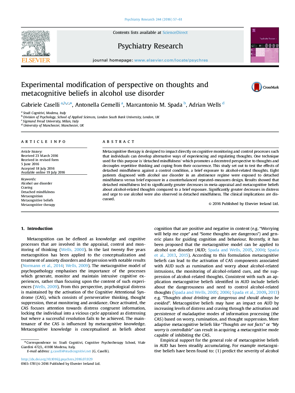 Experimental modification of perspective on thoughts and metacognitive beliefs in alcohol use disorder