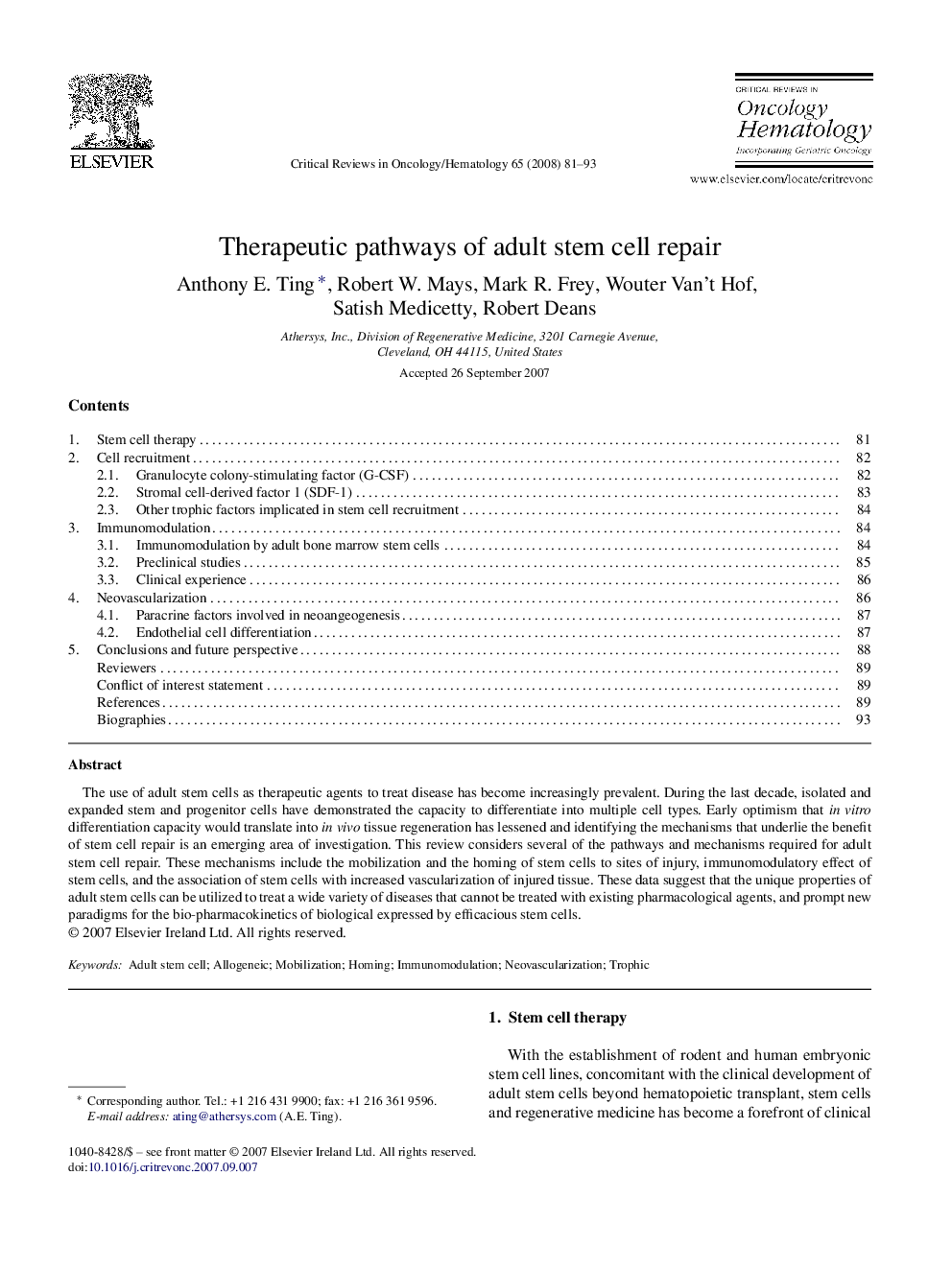 Therapeutic pathways of adult stem cell repair