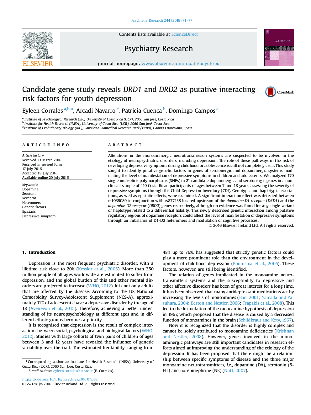 Candidate gene study reveals DRD1 and DRD2 as putative interacting risk factors for youth depression