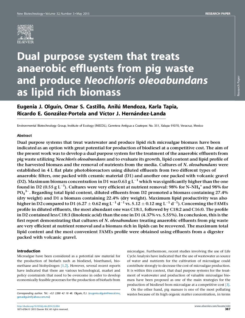 Dual purpose system that treats anaerobic effluents from pig waste and produce Neochloris oleoabundans as lipid rich biomass