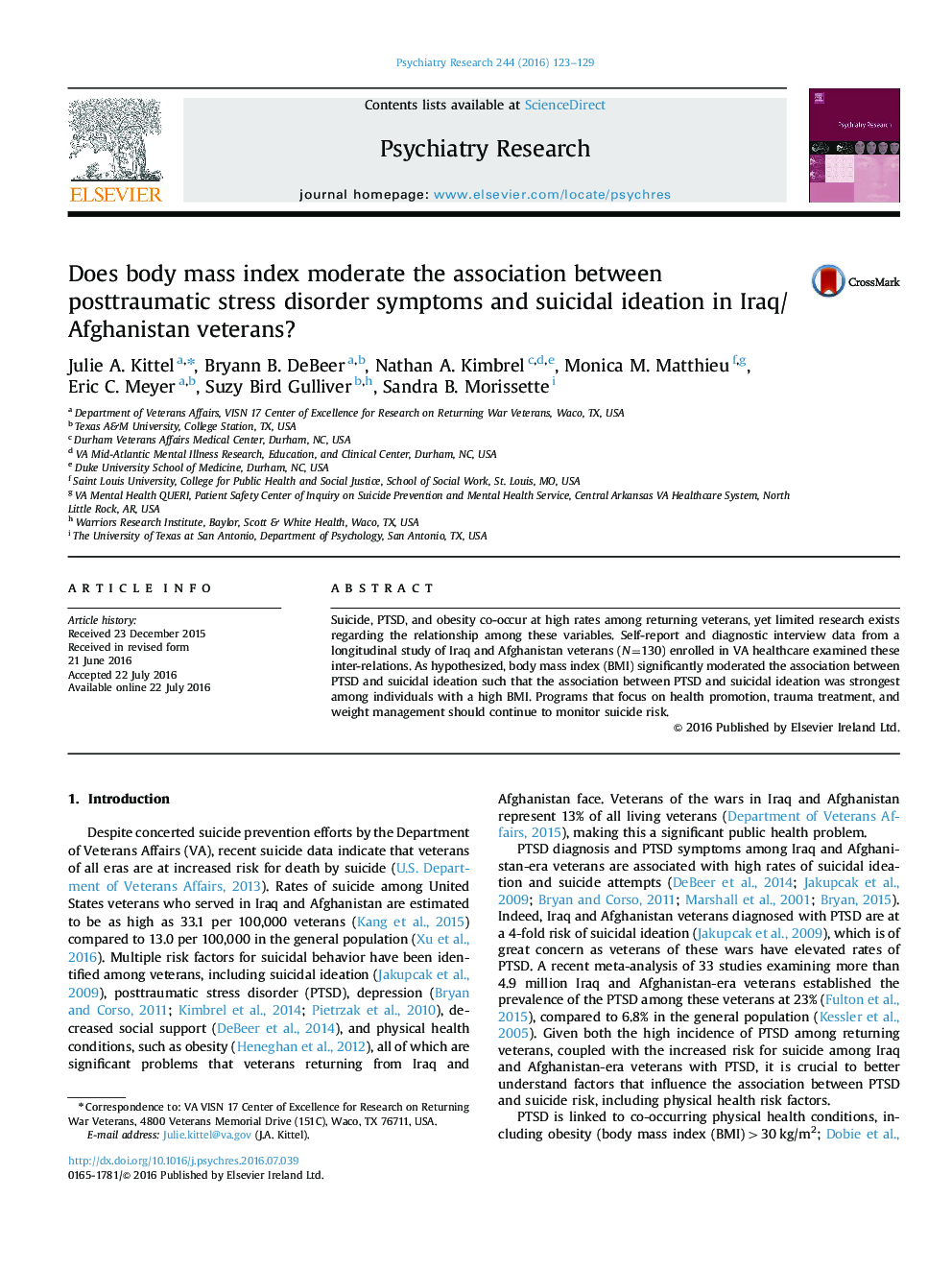 Does body mass index moderate the association between posttraumatic stress disorder symptoms and suicidal ideation in Iraq/Afghanistan veterans?