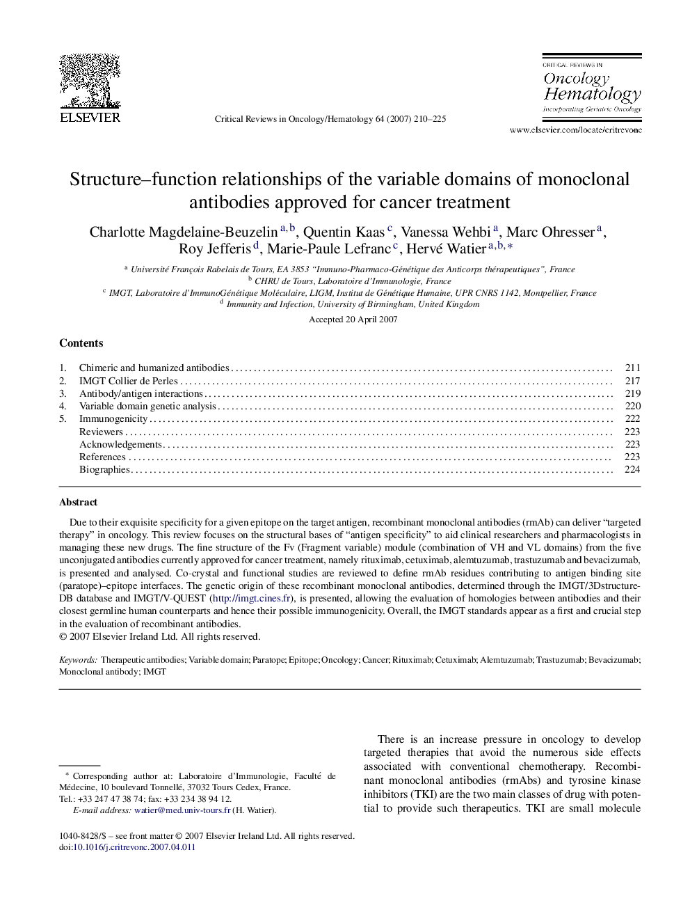 Structure–function relationships of the variable domains of monoclonal antibodies approved for cancer treatment