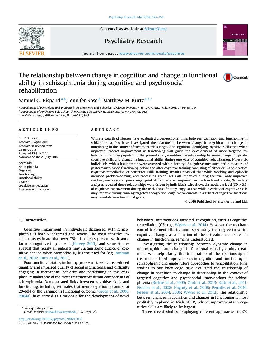 رابطه بین تغییر در شناخت و تغییر در توانایی عملکرد در اسکیزوفرنی در طول توانبخشی شناختی و روانی