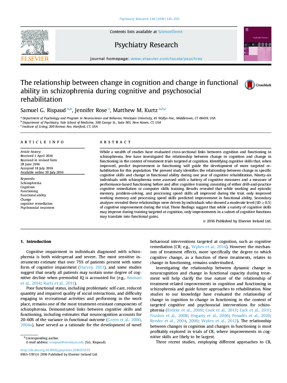 The relationship between change in cognition and change in functional ability in schizophrenia during cognitive and psychosocial rehabilitation