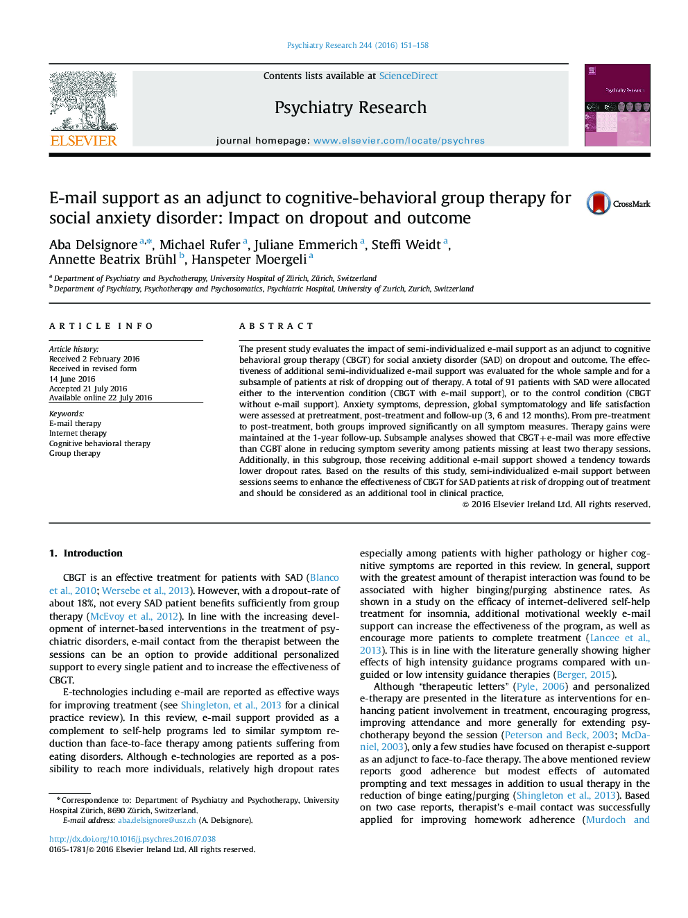 E-mail support as an adjunct to cognitive-behavioral group therapy for social anxiety disorder: Impact on dropout and outcome