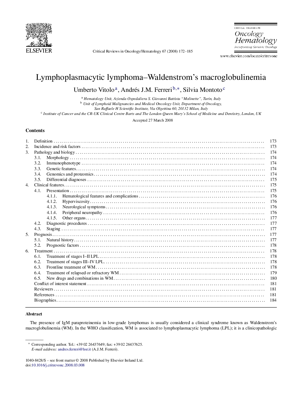 Lymphoplasmacytic lymphoma–Waldenstrom's macroglobulinemia