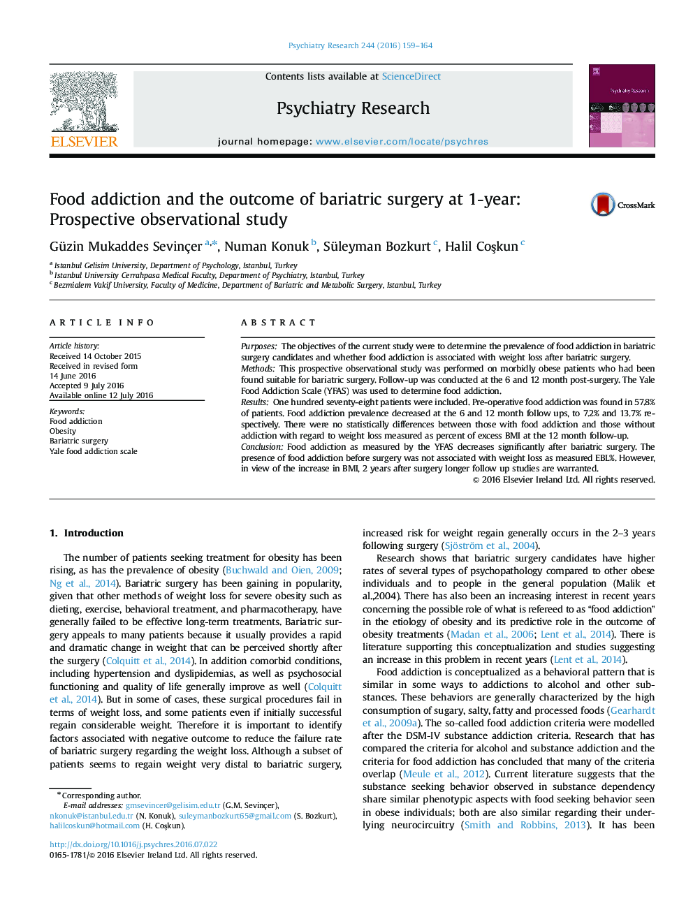 Food addiction and the outcome of bariatric surgery at 1-year: Prospective observational study