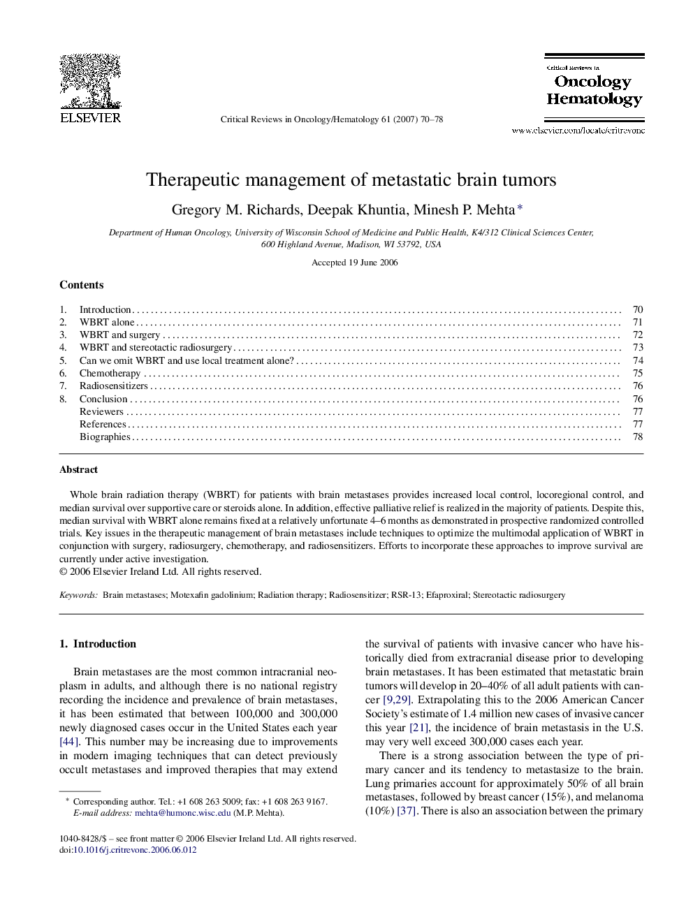 Therapeutic management of metastatic brain tumors