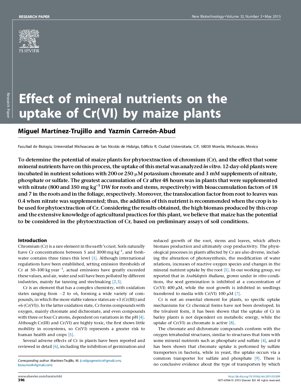 Effect of mineral nutrients on the uptake of Cr(VI) by maize plants