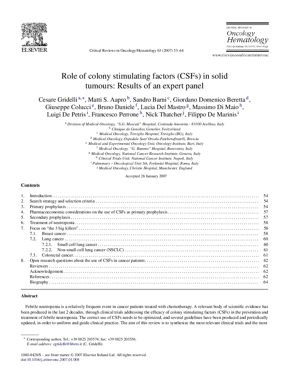 Role of colony stimulating factors (CSFs) in solid tumours: Results of an expert panel