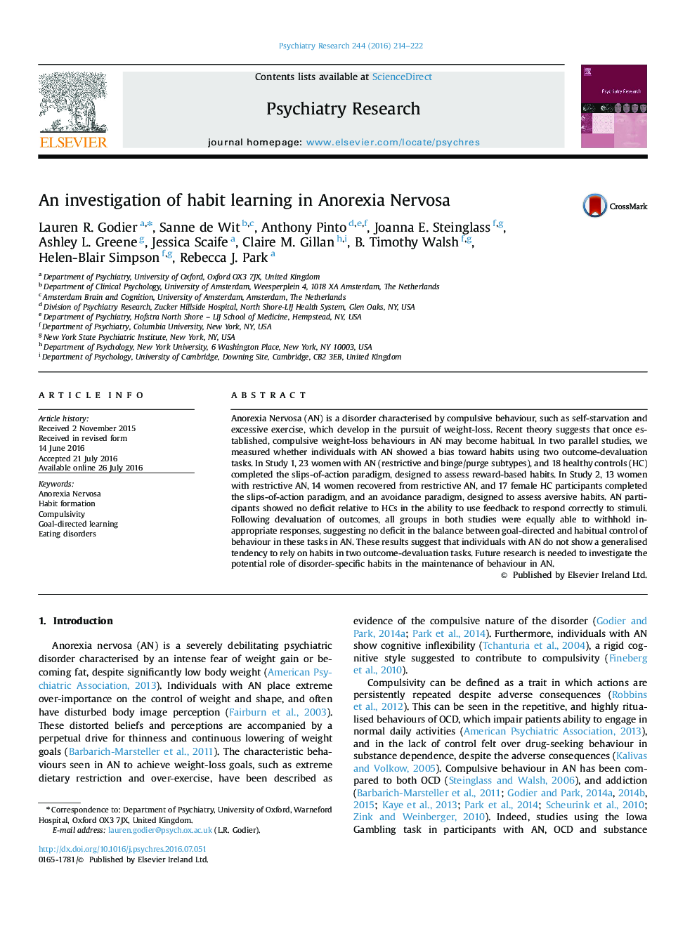 An investigation of habit learning in Anorexia Nervosa