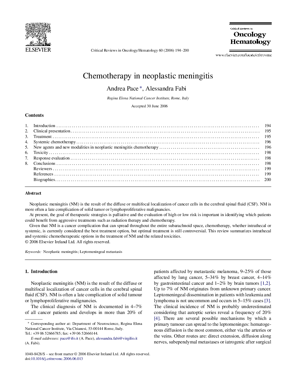 Chemotherapy in neoplastic meningitis