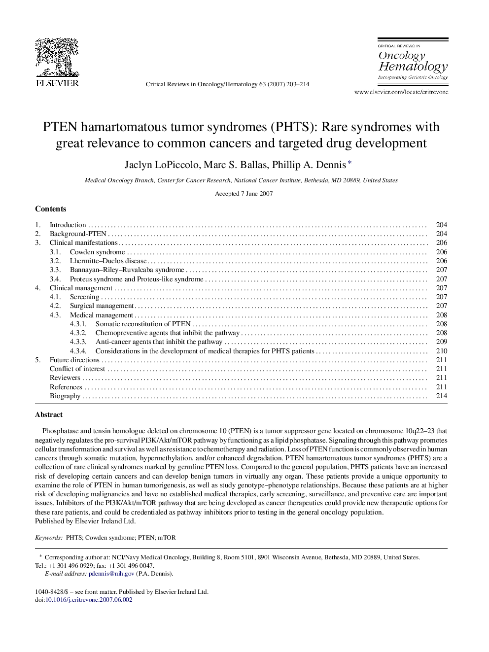 PTEN hamartomatous tumor syndromes (PHTS): Rare syndromes with great relevance to common cancers and targeted drug development