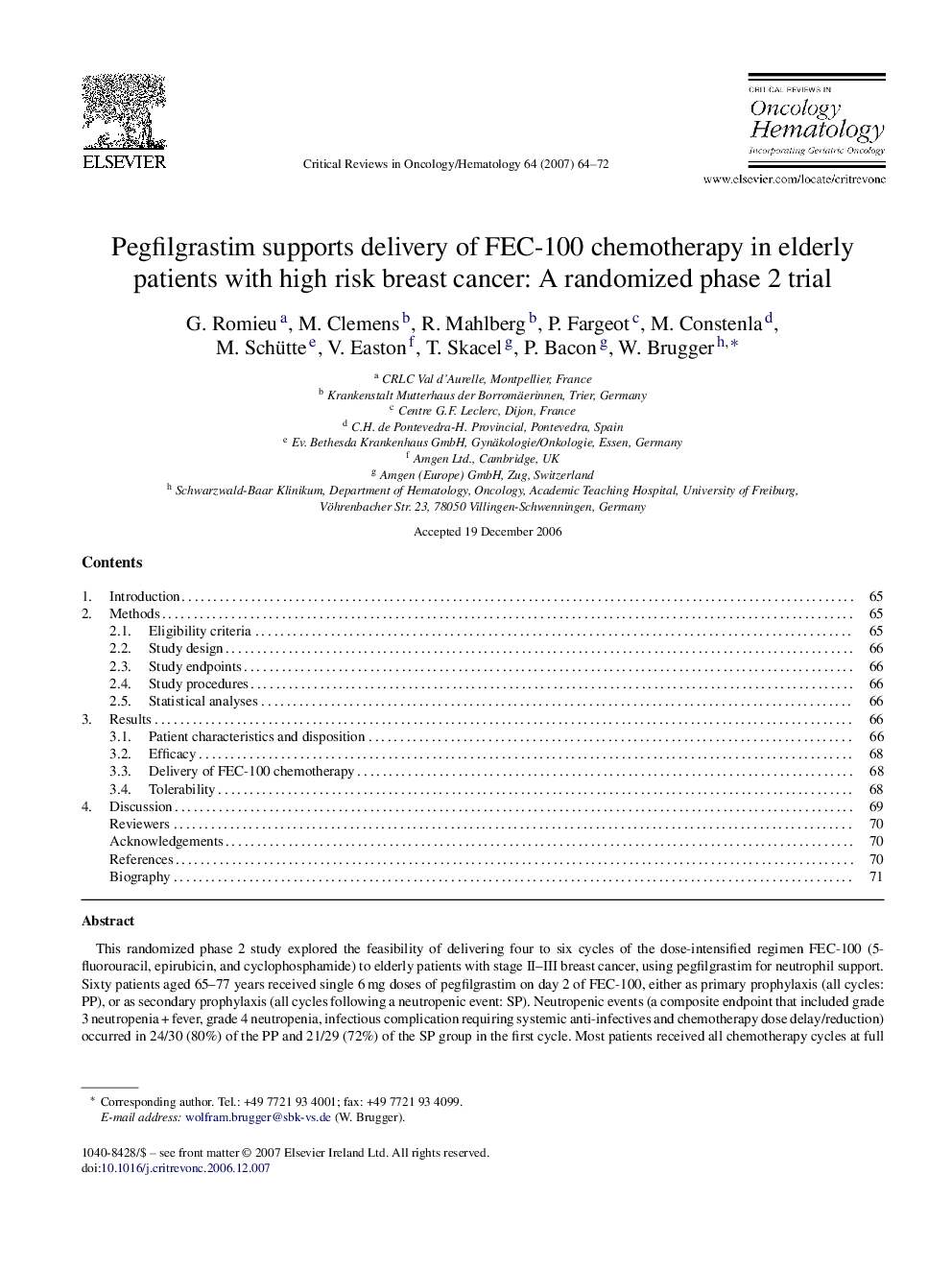 Pegfilgrastim supports delivery of FEC-100 chemotherapy in elderly patients with high risk breast cancer: A randomized phase 2 trial