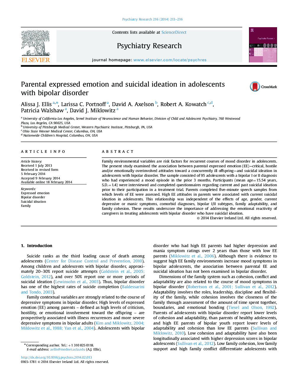 Parental expressed emotion and suicidal ideation in adolescents with bipolar disorder