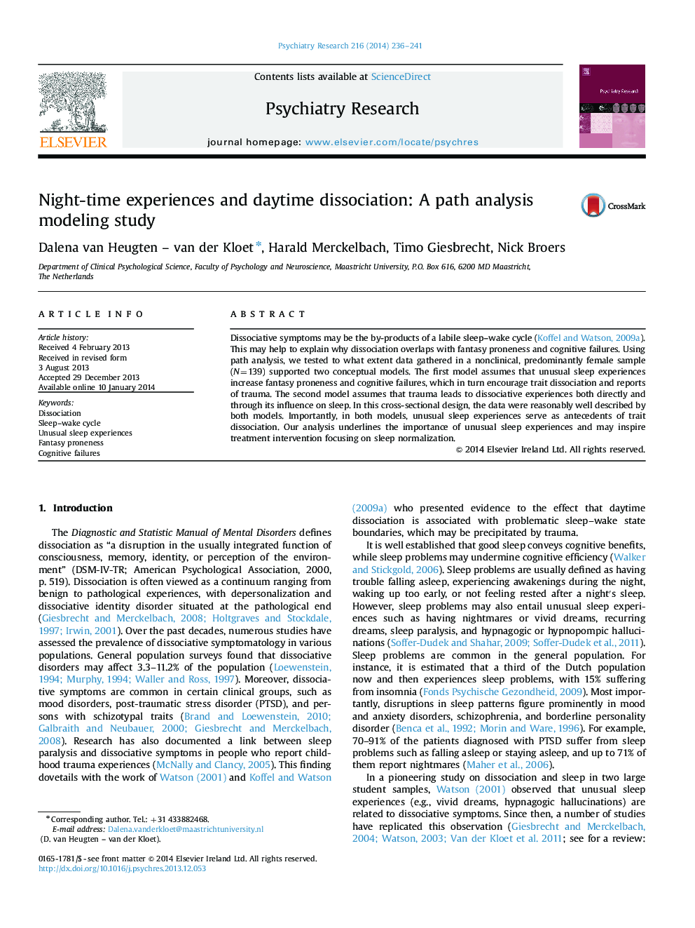 Night-time experiences and daytime dissociation: A path analysis modeling study