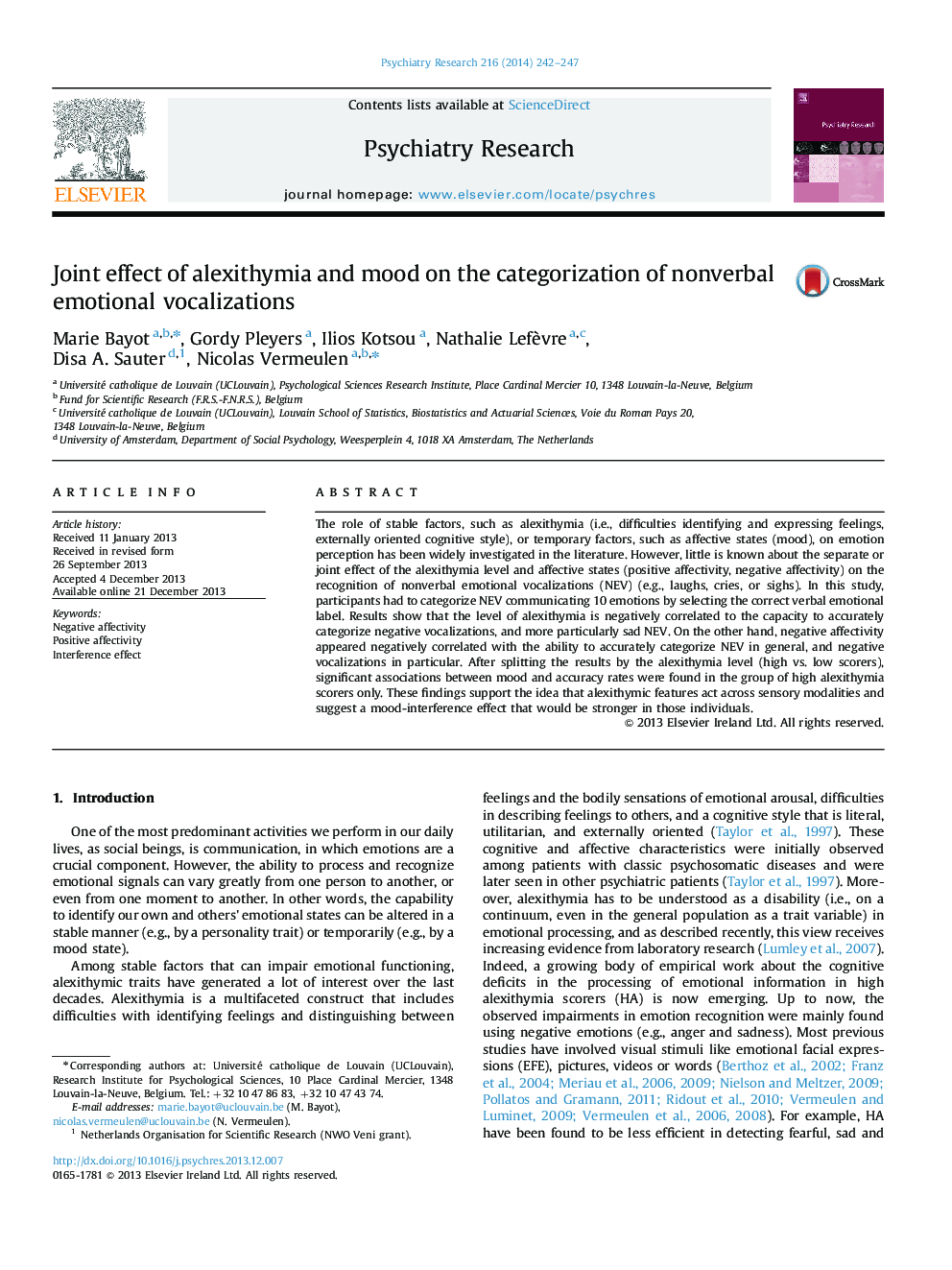 Joint effect of alexithymia and mood on the categorization of nonverbal emotional vocalizations