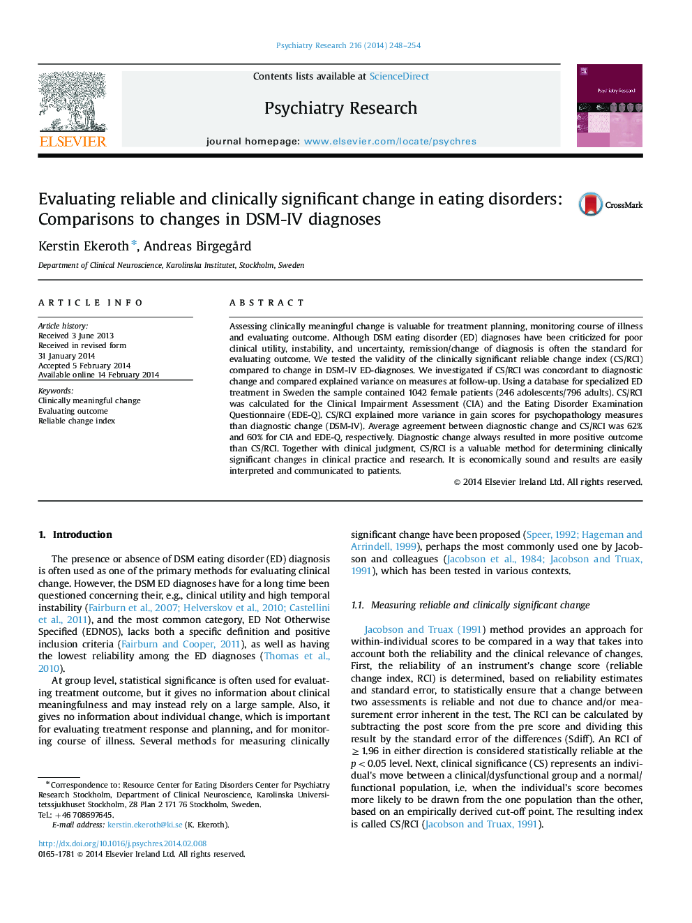 Evaluating reliable and clinically significant change in eating disorders: Comparisons to changes in DSM-IV diagnoses