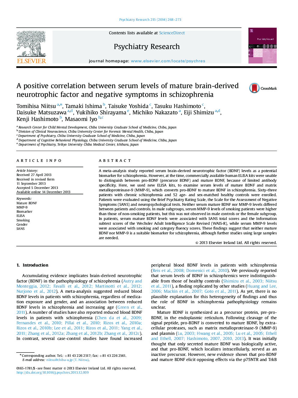 A positive correlation between serum levels of mature brain-derived neurotrophic factor and negative symptoms in schizophrenia