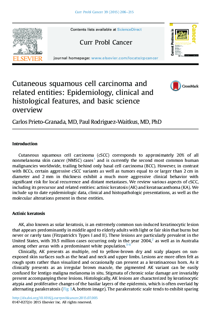 Cutaneous squamous cell carcinoma and related entities: Epidemiology, clinical and histological features, and basic science overview