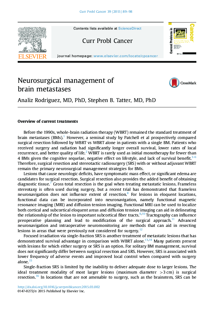 Neurosurgical management of brain metastases