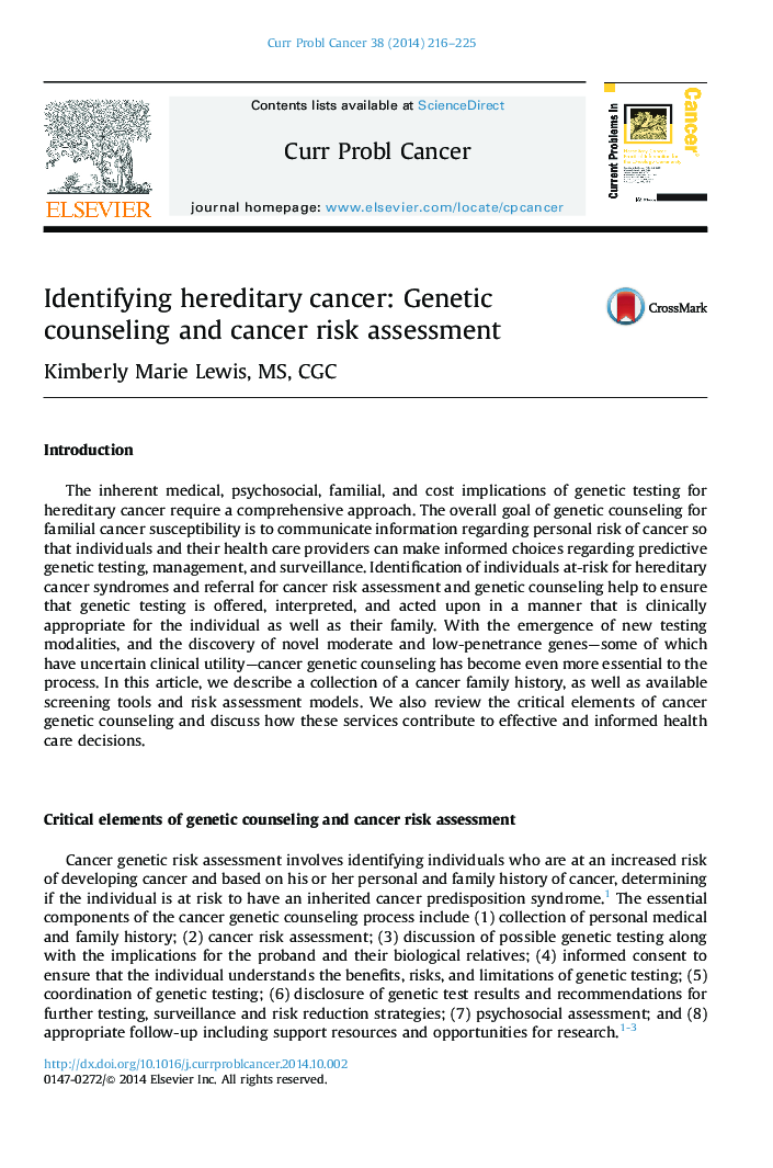 Identifying hereditary cancer: Genetic counseling and cancer risk assessment