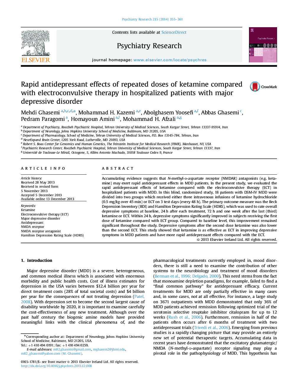 Rapid antidepressant effects of repeated doses of ketamine compared with electroconvulsive therapy in hospitalized patients with major depressive disorder