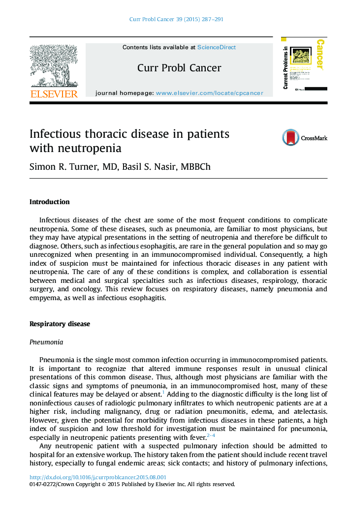 Infectious thoracic disease in patients with neutropenia