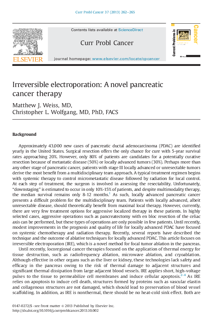 Irreversible electroporation: A novel pancreatic cancer therapy