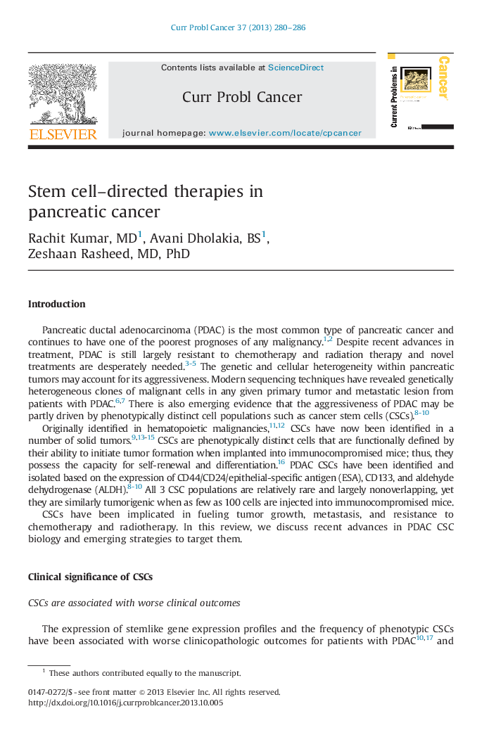 Stem cell-directed therapies in pancreatic cancer