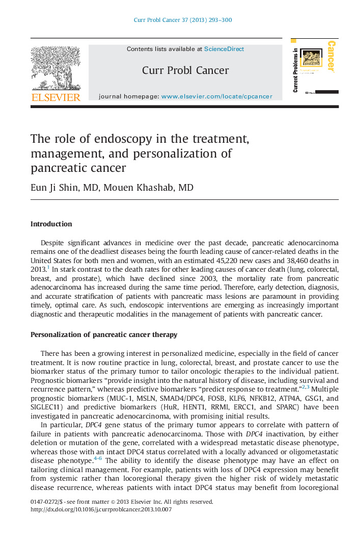 The role of endoscopy in the treatment, management, and personalization of pancreatic cancer