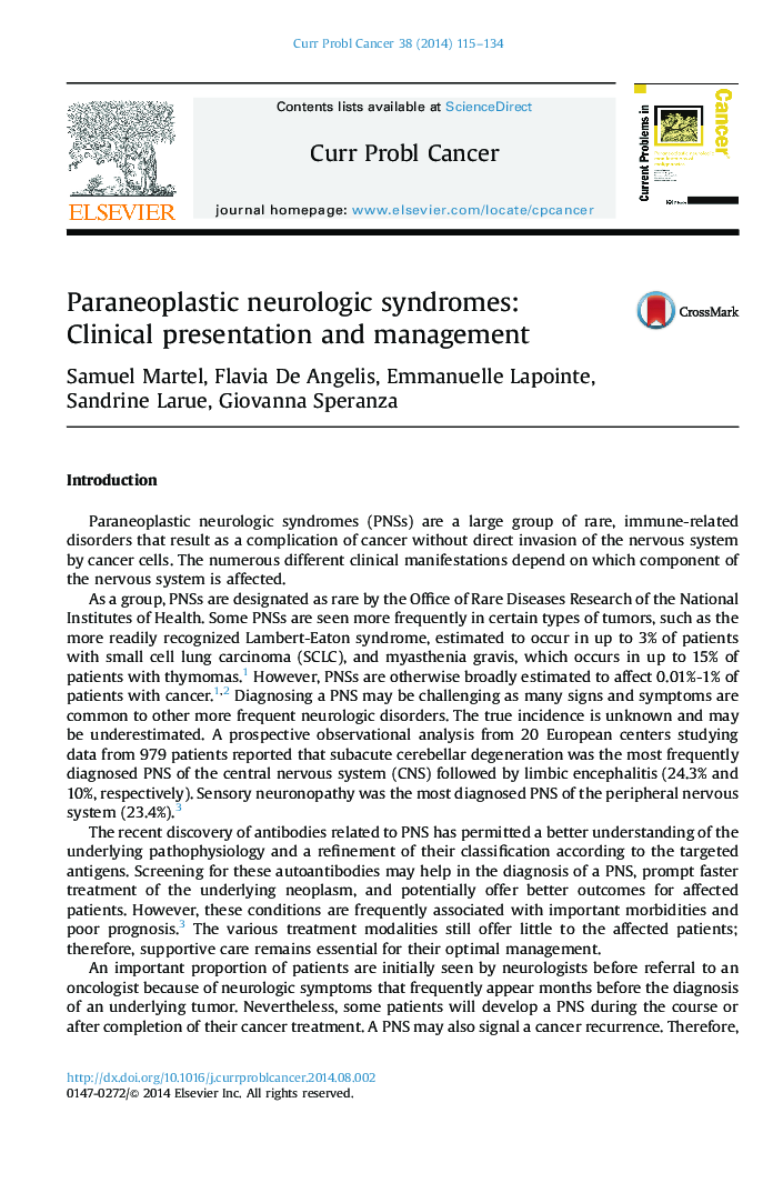 Paraneoplastic neurologic syndromes: Clinical presentation and management