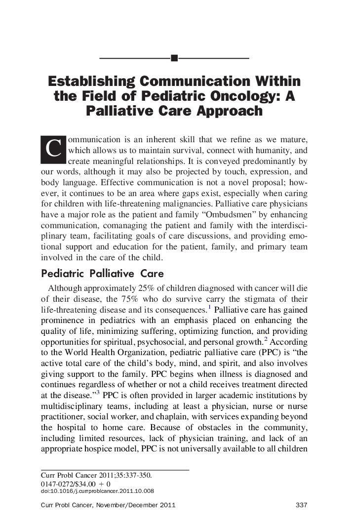 Establishing Communication Within the Field of Pediatric Oncology: A Palliative Care Approach